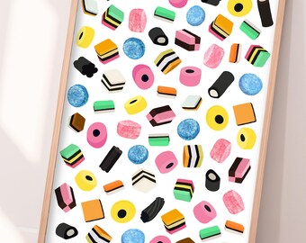 Hand Drawn Liquorice British Sweets Wall Art | Colourful Rainbow Candy Food White Poster