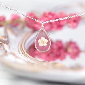 White Blossom Bridal Jewellery. Wedding Necklace Real Flower in Resin. Silver delicate dainty bridesmaid flower girl maid of honour gift image 3