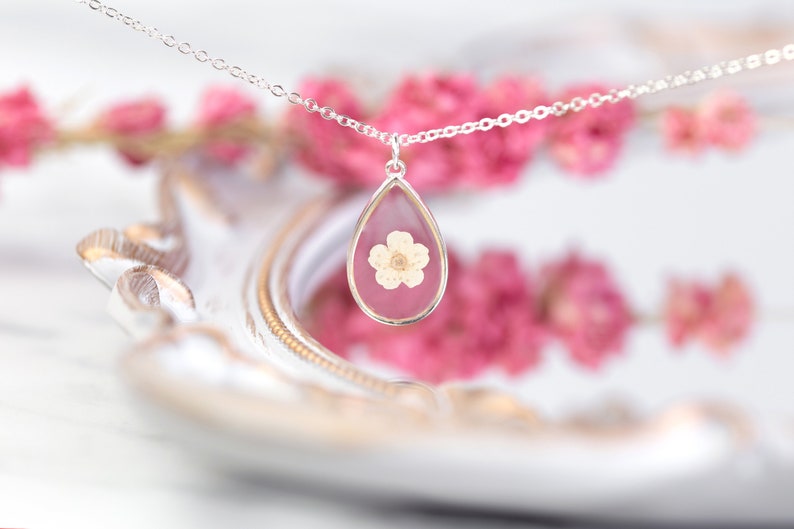 White Blossom Bridal Jewellery. Wedding Necklace Real Flower in Resin. Silver delicate dainty bridesmaid flower girl maid of honour gift image 3