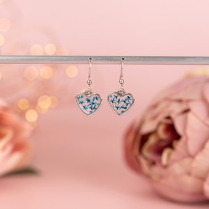 Real Pressed Flower Tiny Heart Earrings. Sterling Silver. Blue flower resin earring. Floral jewellery. Christmas gift Something Blue Wedding image 7
