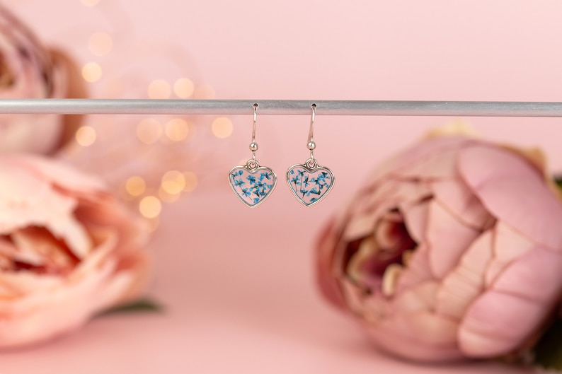 Real Pressed Flower Tiny Heart Earrings. Sterling Silver. Blue flower resin earring. Floral jewellery. Christmas gift Something Blue Wedding image 7