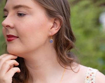 Forget Me Not Gold Circle Real Pressed Flower Earrings