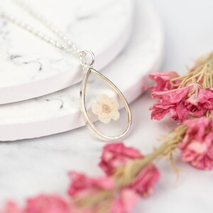 White Blossom Bridal Jewellery. Wedding Necklace Real Flower in Resin. Silver delicate dainty bridesmaid flower girl maid of honour gift image 6