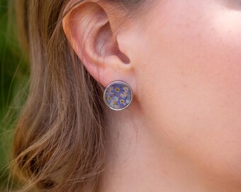 Forget Me Not Silver Circle Stud Real Pressed Flower Earrings