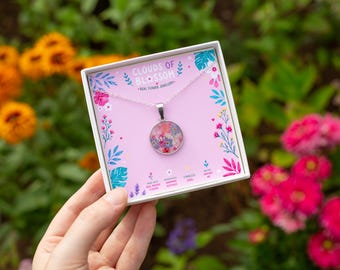 Mum Forget Me Not and Pink Floral Silver Circle Real Pressed Flower Necklace