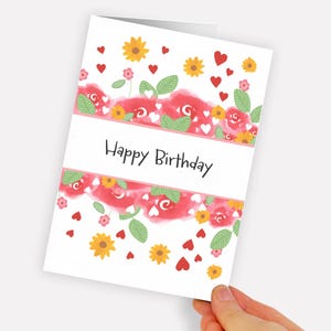 Carte de graines d'anniversaire à planter. Carte de voeux de joyeux anniversaire de fleurs sauvages. Aquarelle Fleurs Tournesol Rose Floral Rose Girly Peint Main