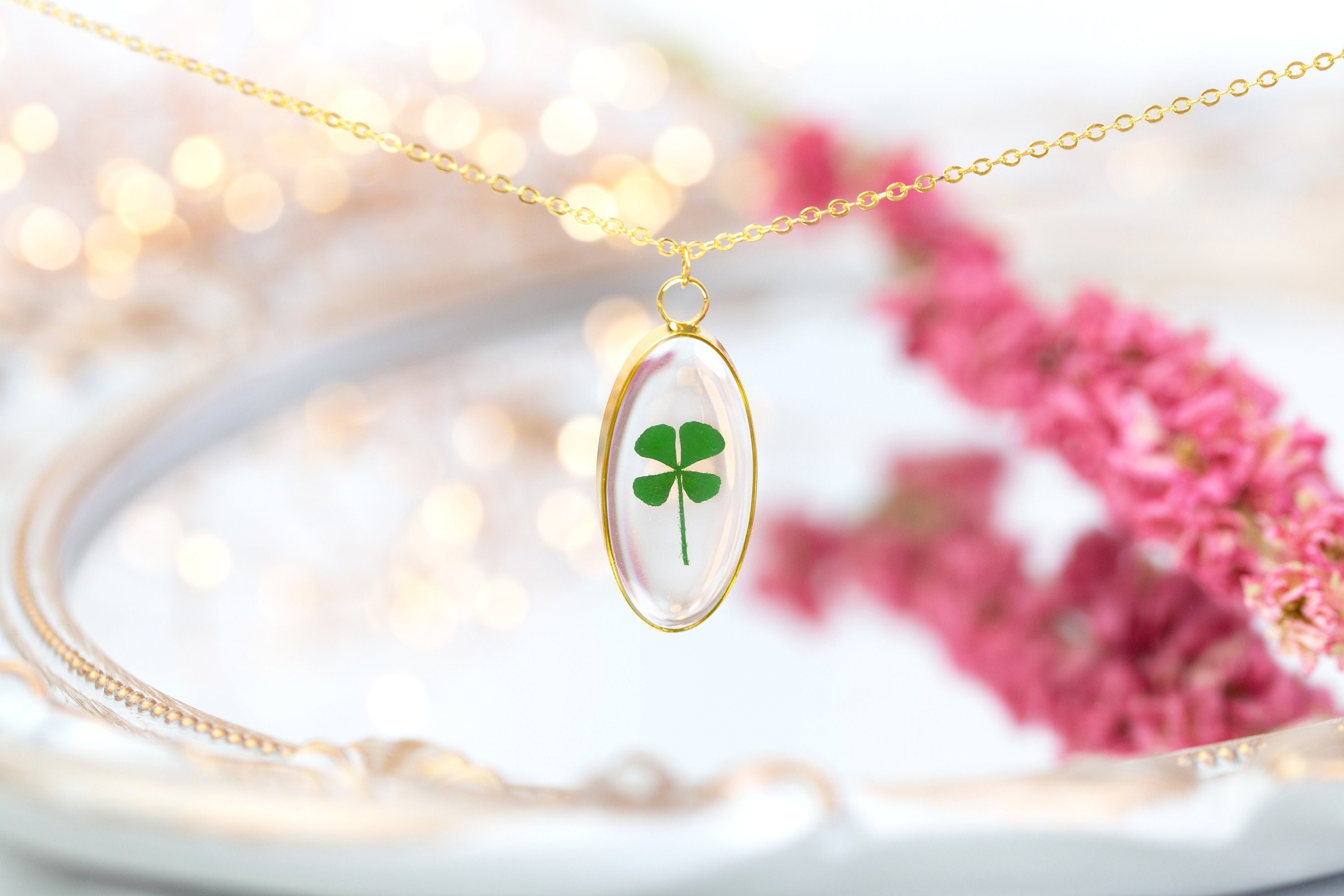 Gold Plated Necklace - Four Leaf Clover (Real Flowers) – Sprigbox