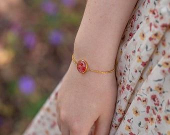 Tiny Pink Floral Gold Real Pressed Flower Bracelet