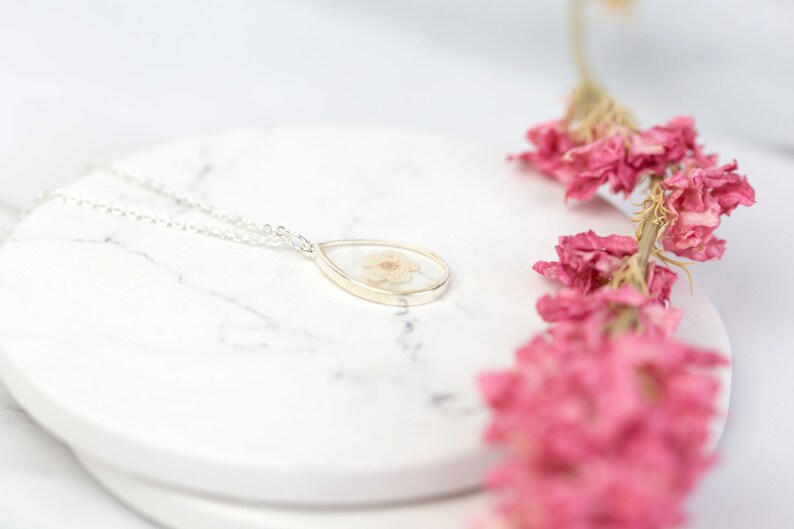 White Blossom Bridal Jewellery. Wedding Necklace Real Flower in Resin. Silver delicate dainty bridesmaid flower girl maid of honour gift image 7