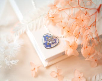 Paw Forget Me Not Heart Silver Real Pressed Flower Necklace