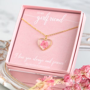 Valentine's Day Girlfriend Gift. Real Pink Flower Blossom. Gold Heart Necklace. Personalised Anniversary Jewellery Gift Idea