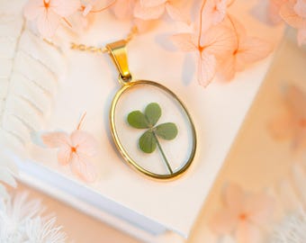 Four Leaf Clover Gold Oval Real Pressed Flower Necklace