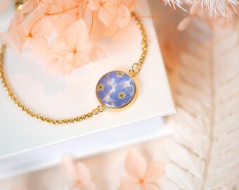 Forget Me Not Circle Gold Real Pressed Flower Bracelet