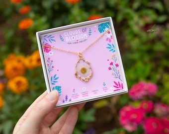 Daisy Gold Floral Teardrop Real Pressed Flower Necklace
