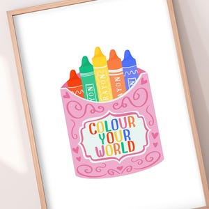 Crayón dibujado a mano colorea tu mundo, arte mural motivacional para niños / Póster A3 A4, arcoíris colorido, decoración para sala de juegos infantil