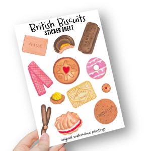 Sticker Sheet Nostalgic British Biscuit Watercolour Hand Painted A5 Printed. Waterproof Stickers UK English Gift Colourful Food Illustration