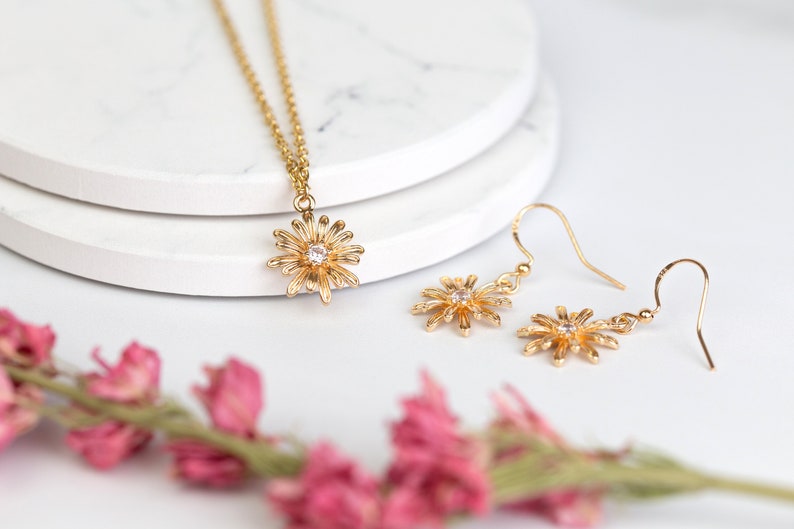 Crystal Gold Flower Hypoallergenic Earrings. Daisy on Sterling Silver Hooks. Bridal bridesmaid flower girl jewellery accessories. Birthday image 5