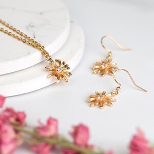 Crystal Gold Flower Hypoallergenic Earrings. Daisy on Sterling Silver Hooks. Bridal bridesmaid flower girl jewellery accessories. Birthday image 4