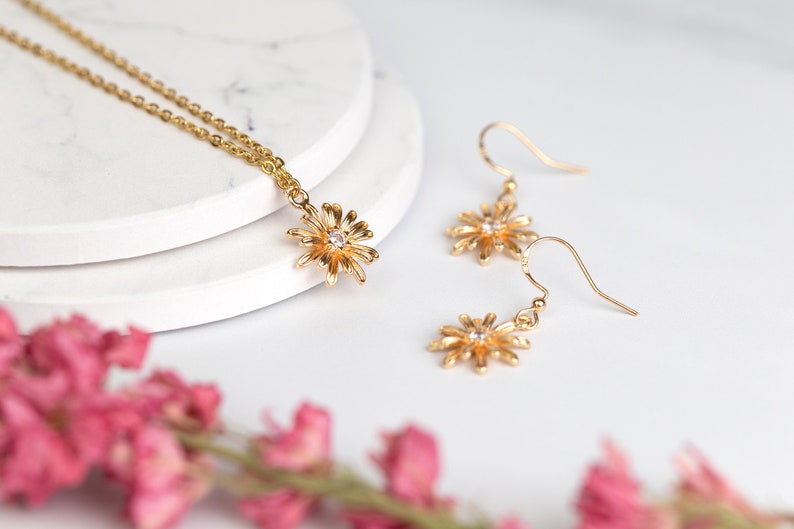 Crystal Gold Flower Hypoallergenic Earrings. Daisy on Sterling Silver Hooks. Bridal bridesmaid flower girl jewellery accessories. Birthday image 4