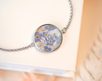 Mum Forget Me Not Circle Real Pressed Flower Bracelet