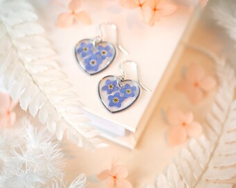 Forget Me Not Heart Sterling Silver Real Pressed Flower Earrings