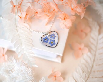 Forget Me Not Heart Sterling Silver Real Pressed Flower Necklace