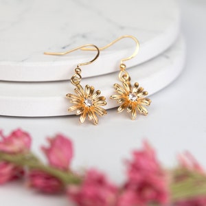 Crystal Gold Flower Hypoallergenic Earrings. Daisy on Sterling Silver Hooks. Bridal bridesmaid flower girl jewellery accessories. Birthday image 2