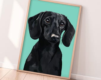 Dachshund Black Dog Print | A4 A3 House Pet Wall Art Poster. Animal Lover Kitchen Living Room Gifts Personalised Colour Doxie Dox Dachs