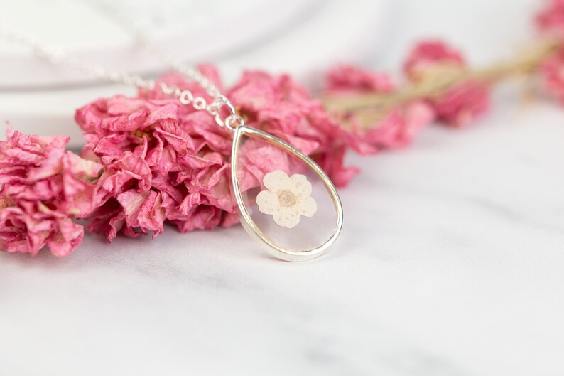 White Blossom Bridal Jewellery. Wedding Necklace Real Flower in Resin. Silver delicate dainty bridesmaid flower girl maid of honour gift image 1