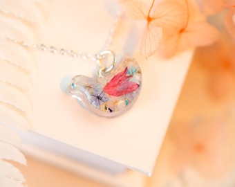Floral Bird Silver Real Pressed Flower Pendant