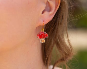 Red Toadstool Magic Mushroom Real Pressed Flower Hook Earrings
