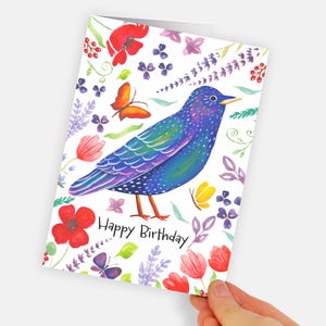 Cartão de Semente de Aniversário Plantável. Cartão de Feliz Aniversário com Pássaro Estorninho de Flores Silvestres. Flores de Papoula em Aquarela Floral Pintadas à Mão Impressas
