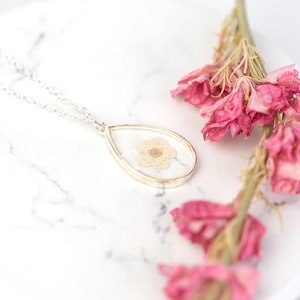 White Blossom Bridal Jewellery. Wedding Necklace Real Flower in Resin. Silver delicate dainty bridesmaid flower girl maid of honour gift image 2