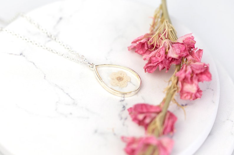 White Blossom Bridal Jewellery. Wedding Necklace Real Flower in Resin. Silver delicate dainty bridesmaid flower girl maid of honour gift image 2