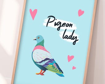 Hand Drawn Pigeon Lady Wall Art Print | Colourful Rainbow Animal Bird Blue Love Poster
