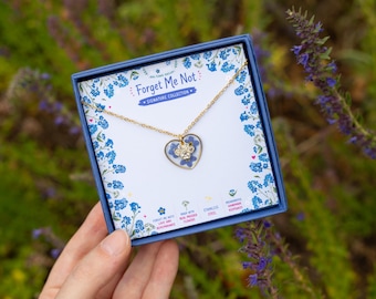 Paw Forget Me Not Heart Gold Real Pressed Flower Necklace
