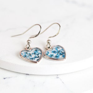 Real Pressed Flower Tiny Heart Earrings. Sterling Silver. Blue flower resin earring. Floral jewellery. Christmas gift Something Blue Wedding image 2