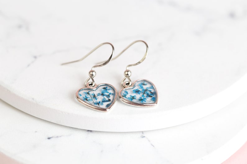 Real Pressed Flower Tiny Heart Earrings. Sterling Silver. Blue flower resin earring. Floral jewellery. Christmas gift Something Blue Wedding image 2