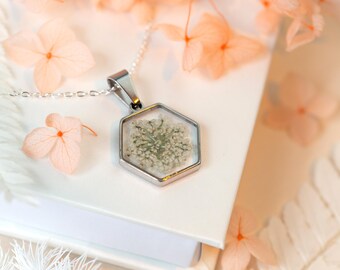 White Queen Anne’s Lace Silver Hexagon Real Pressed Flower Necklace
