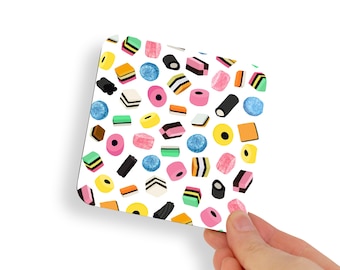 Nostalgic British Liquorice Sweets Hand Painted Printed Coaster. UK English Tea Gift. Bright Colourful Food Retro Graphic Illustration.