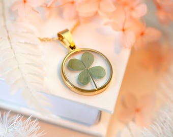 Four Leaf Clover Gold Circle Real Pressed Flower Necklace