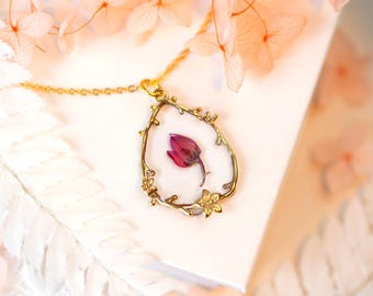 Rose Bud Gold Floral Teardrop Real Pressed Flower Necklace
