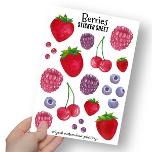 Sticker Bogen Beeren A5 bedruckt. Scrapbook Journal Wasserdicht Aufkleber UK Erdbeere Himbeeren Kirsche Blaubeere Moosbeeren Lebensmittel Obst