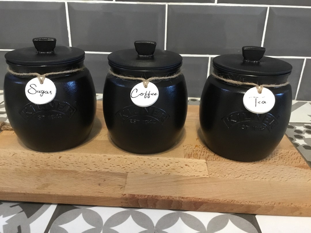 Hand Painted Black Kilner Tea Coffee Sugar Utensils Biscuits Jars