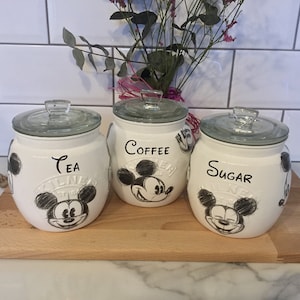 0.85ltr Hand Painted Disney themed Mickey Mouse Kilner Jars Tea Coffee Sugar Utensils  Biscuits - Storage - Canisters- Kitchenware - Gifts