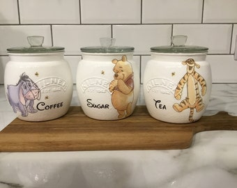 Hand Painted Winnie the Pooh and Friends Kilner Storage Jars - Tea Coffee Sugar/Biscuits /Utensils - Kitchenware- Gifts - Canisters.