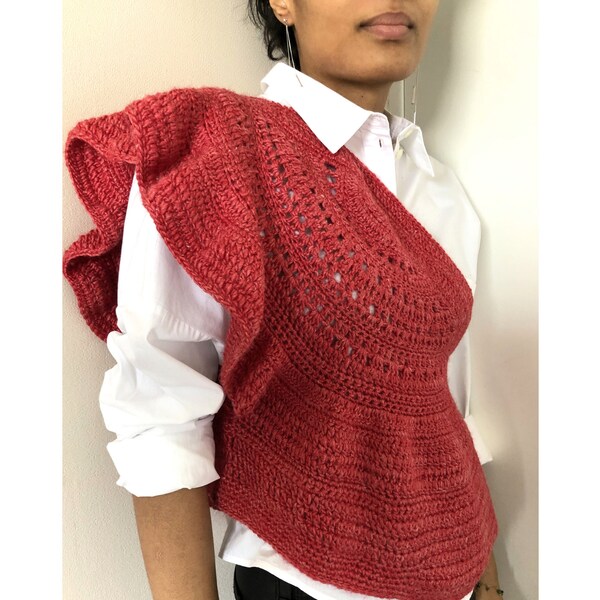 Pull bohème femme crochet fait main manche asymétrique rouge corail chiné Yihva