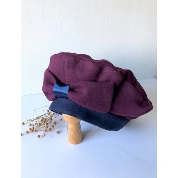 Béret femme, chapeau d'hiver, prune violet bleu marine à noeud Jiao