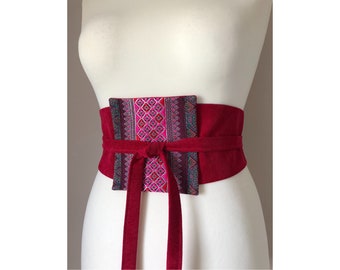 Ceinture obi fuchia et tissu tissé jaquard multicolore Ophely