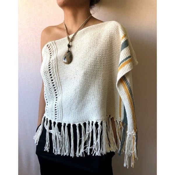 Haut Asymétrique Femme Blanc – Crochet, Manches 3/4, Motif Floral, Taille Unique